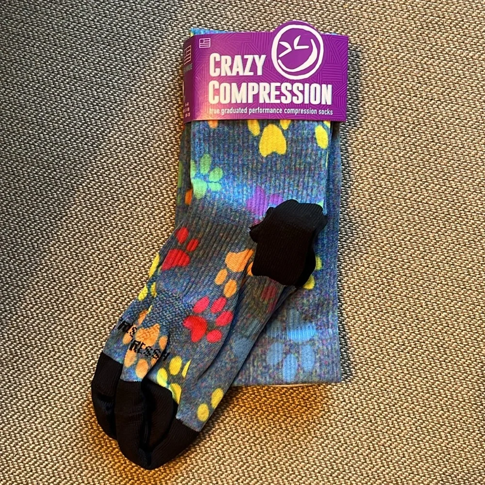 Crazy compression socks blue yellow paw print size S/M 7-10 NEW made in USA